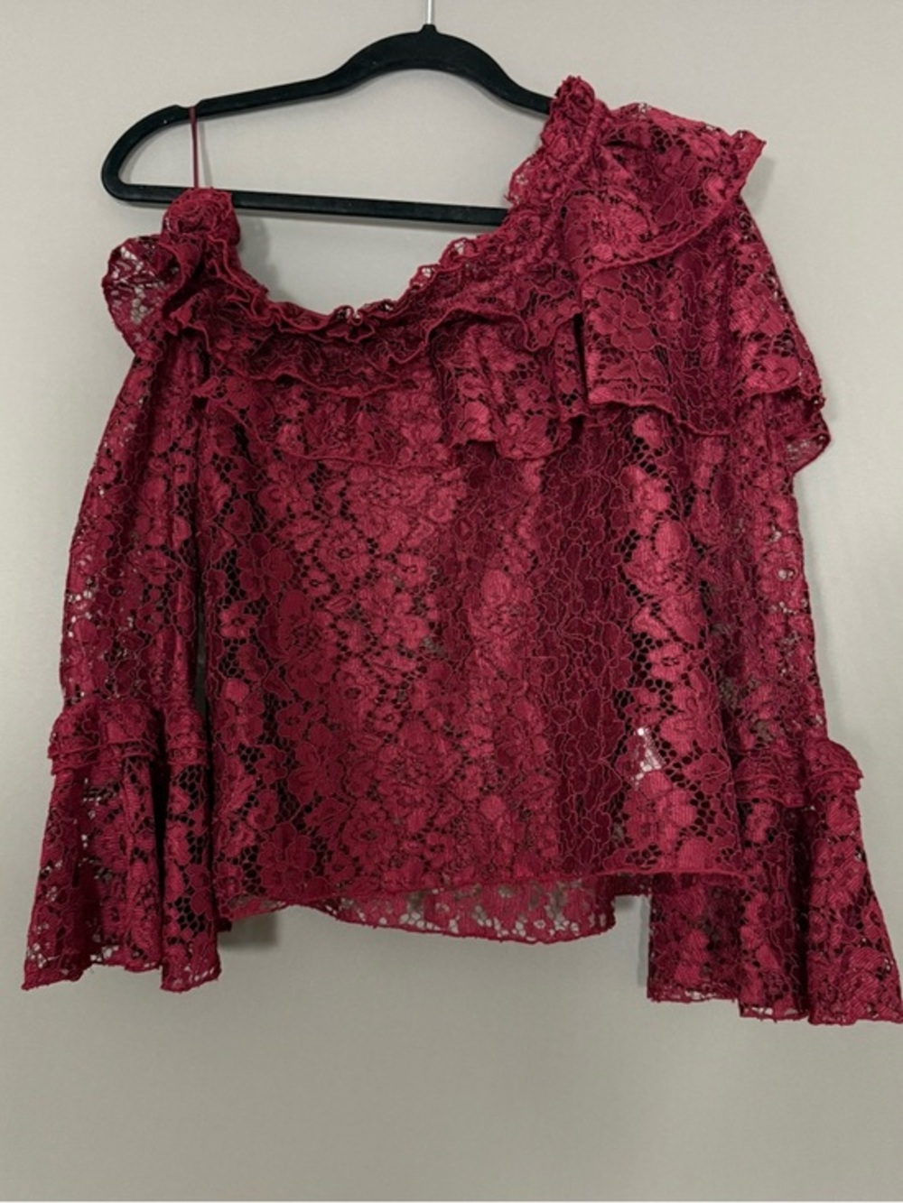 XOXO Lace Off Shoulder Ruffle Blouse Burgundy Wine Romantic Sheer Top Small
